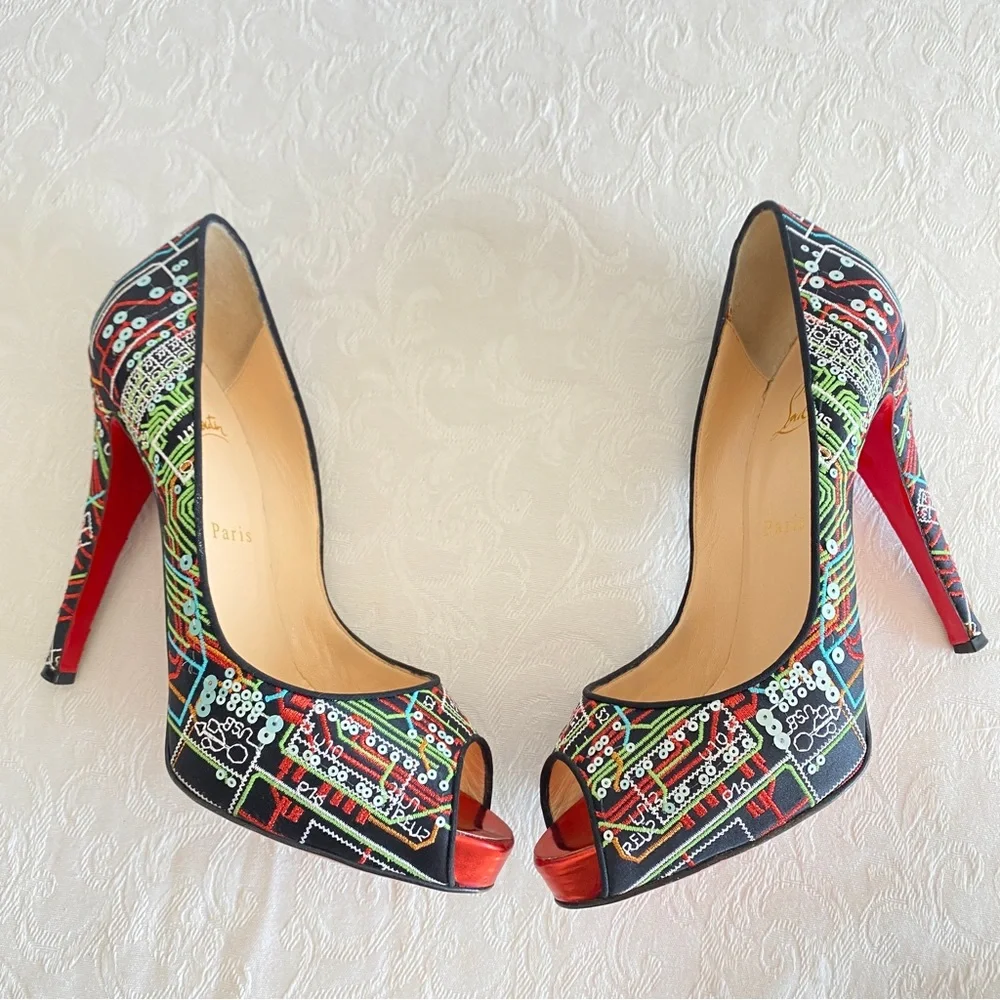 Christian louboutin embroidered peep toe platform pumps